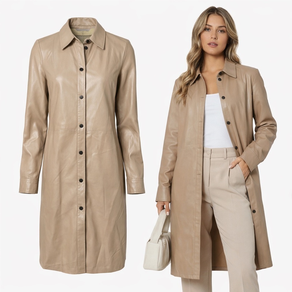 Vero Moda | Taupe Faux Leather Long Shirt Coat | Button Front | Size S